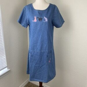 Vintage Denim Dress Size PM Cat Embroidered T Shirt Cottagecore Mini Country